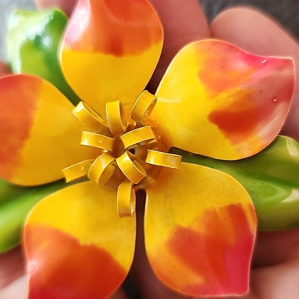 Vibrant VTG Yellow and Red Flower Brooch